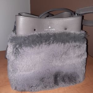 Kate Spade,soft faux fur Marti drawstring bucket bag, Grey cat
